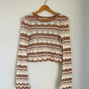 Womens Sweater Small Crochet Open Knit Boho Hippie Striped Cropped Cottagecore